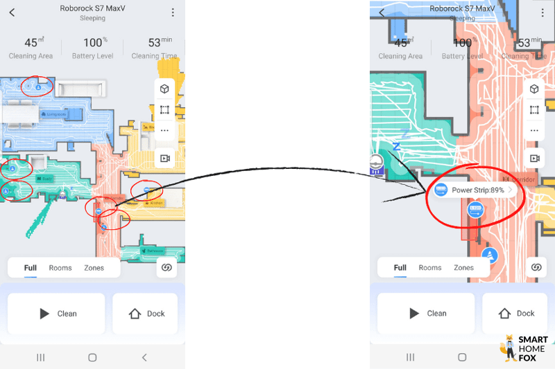 Erkannte Hindernisse werden in der Wohnungskarte der Roborock S7 MaxV App eingezeichnet